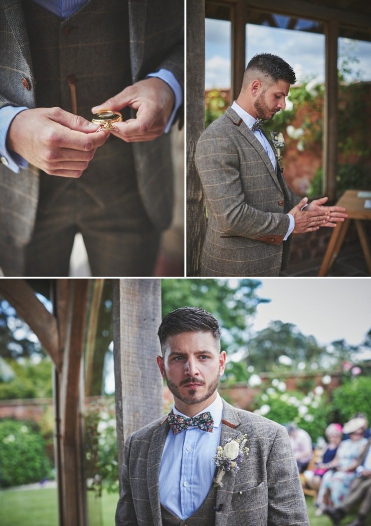 nervous stylish groom before ceremony atUpton Barn and walled garden Devon