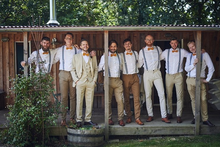 Group photo of groomsmen at rustic wedding Hayne
