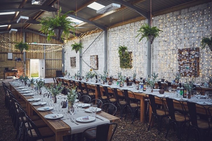 industrial table scape at rustic eco wedding at East Soar in devon