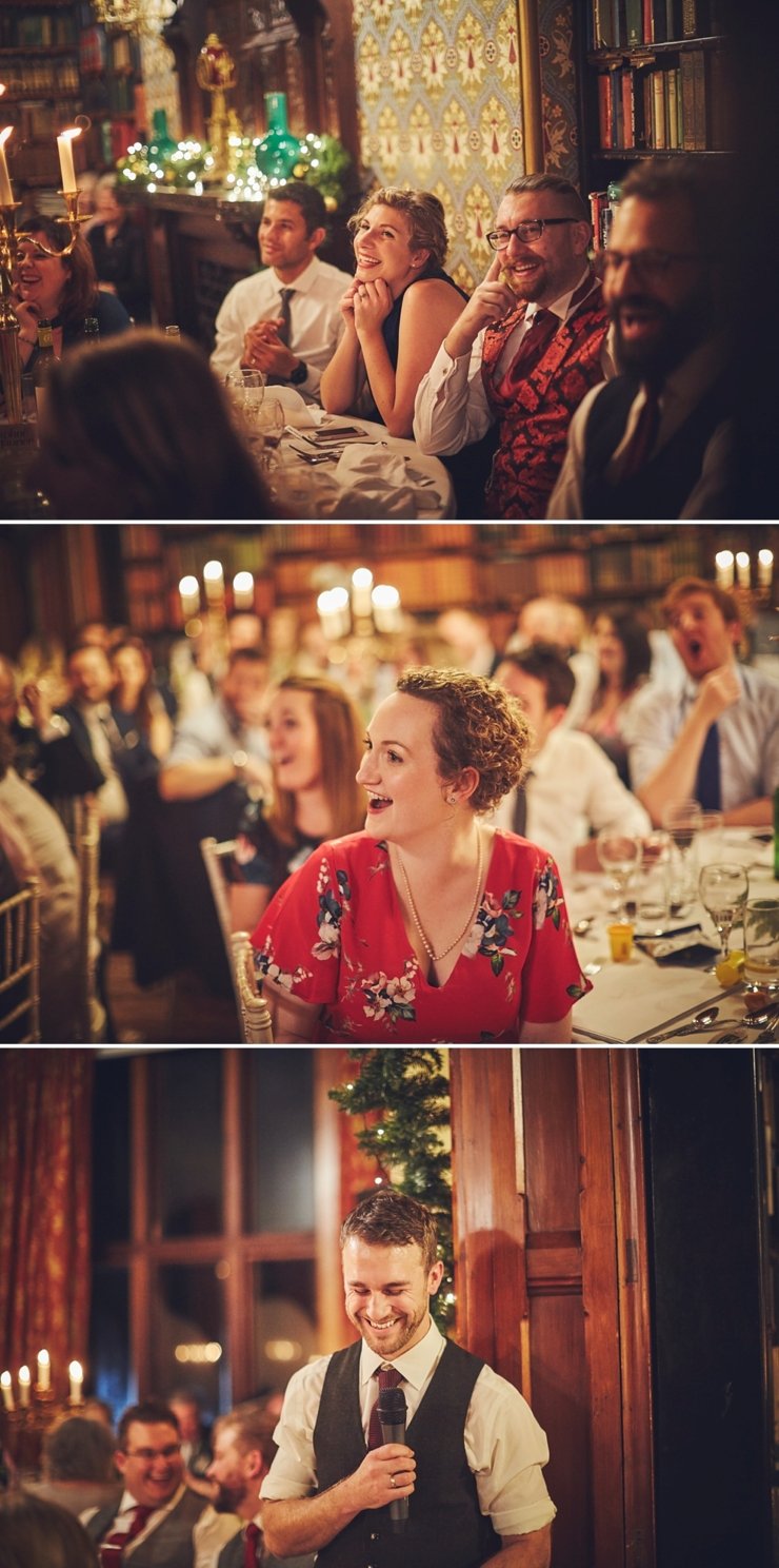 documentary photography of guests listening to speeches at Devon winter wedding at huntsham court