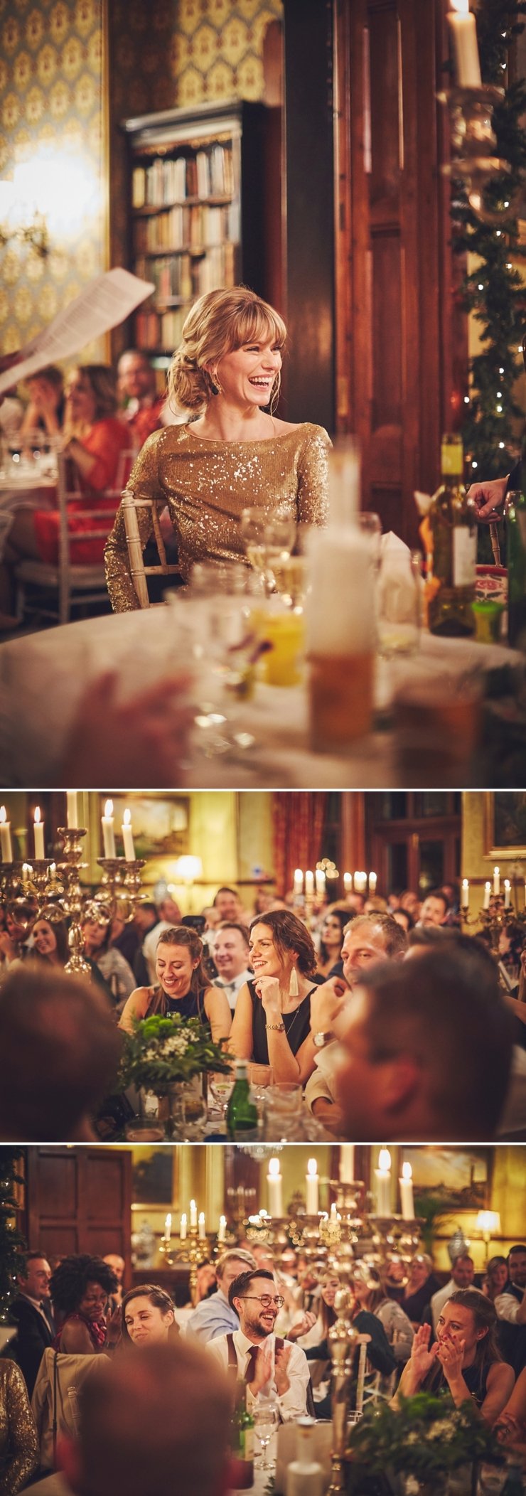 documentary photography of guests listening to speeches at Devon winter wedding at huntsham court