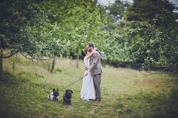 bride and groom portrait photography with their dogs at West Town Farm barn wedding in devon