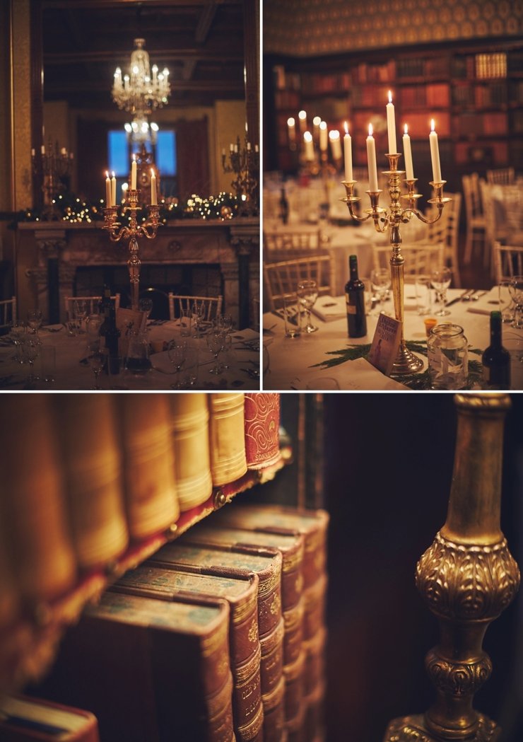 candlelit wedding breakfast in the library at Huntsham Court Devon Manor House