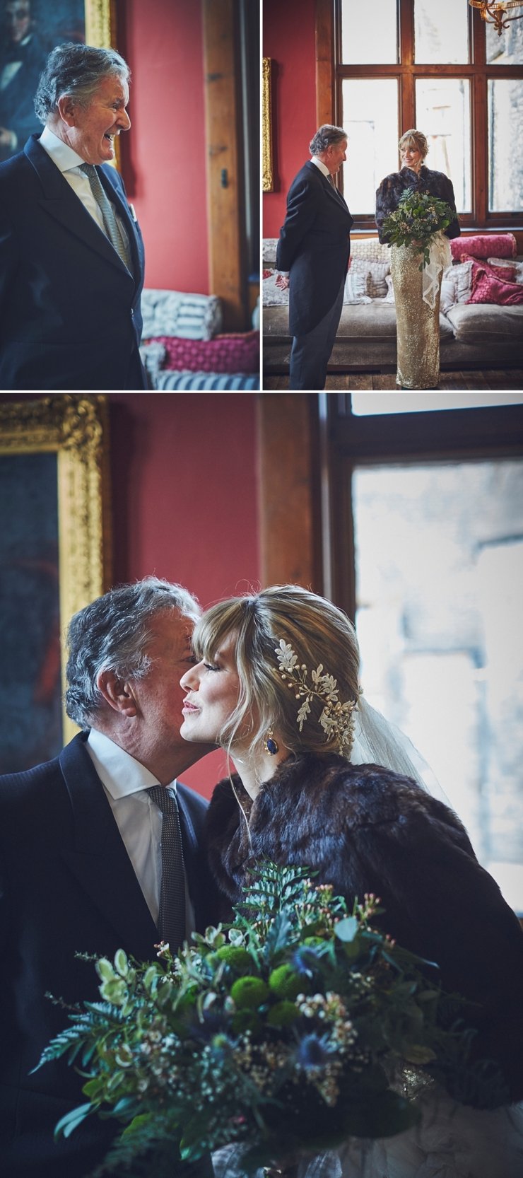 Father of the bride sees his daughter just before the wedding ceremony at Huntsham Court Devon