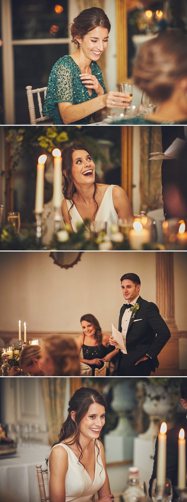 relaxed wedding photography of guests laughing during speeches at intimate winter wedding at Rockbeare Manor in Devon