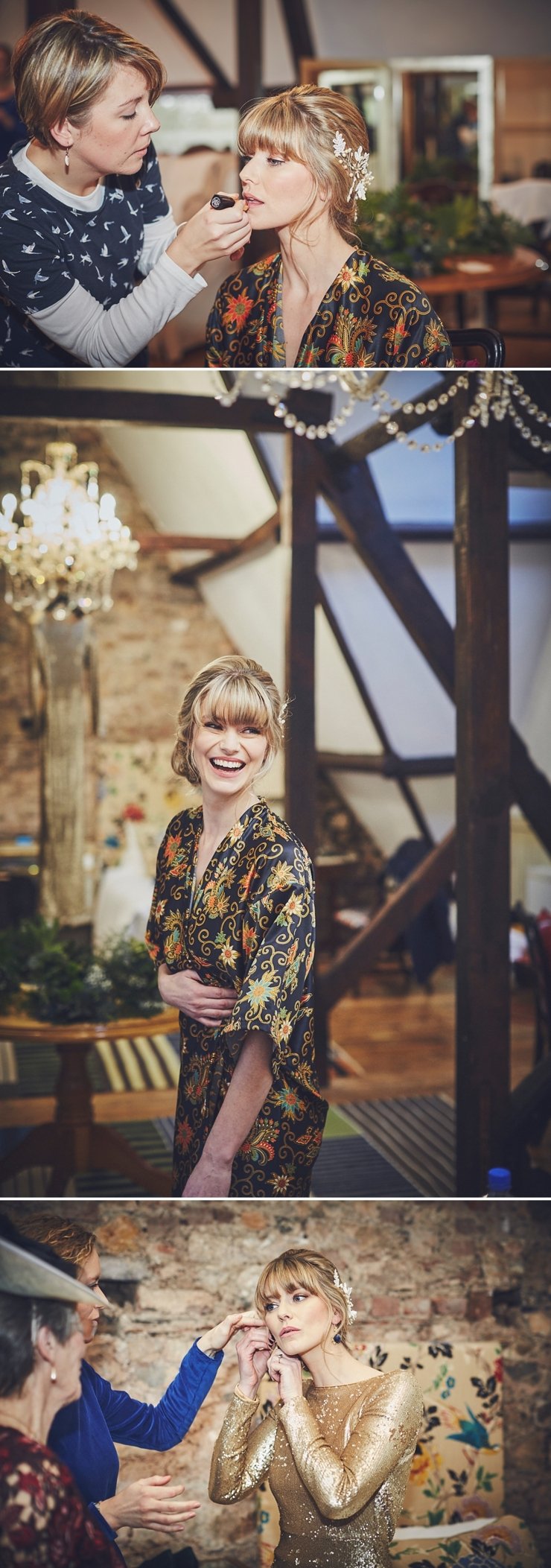 relaxed photography of happy Bride and bridesmaids getting ready at Huntsham Court