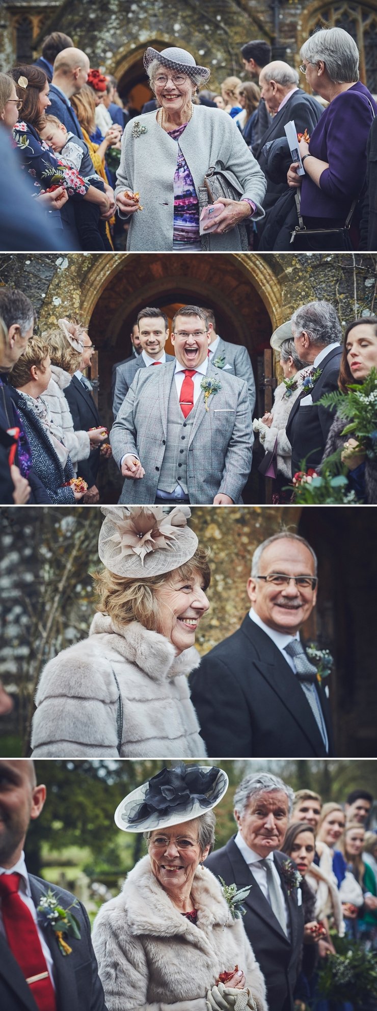 documentary wedding photography of happy guests gets ready for confetti at Huntsham Court in Devon