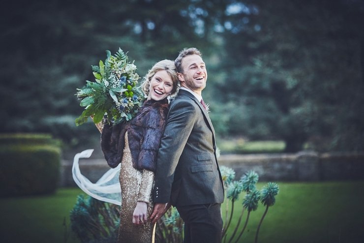 stylish bride and groom during relaxed portrait session at Huntsham Court Devon