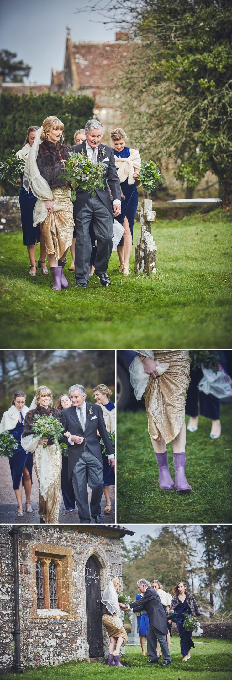 bride and groom and bridesmaids walk to the ceremony in welly boots at Huntsham Court Devon