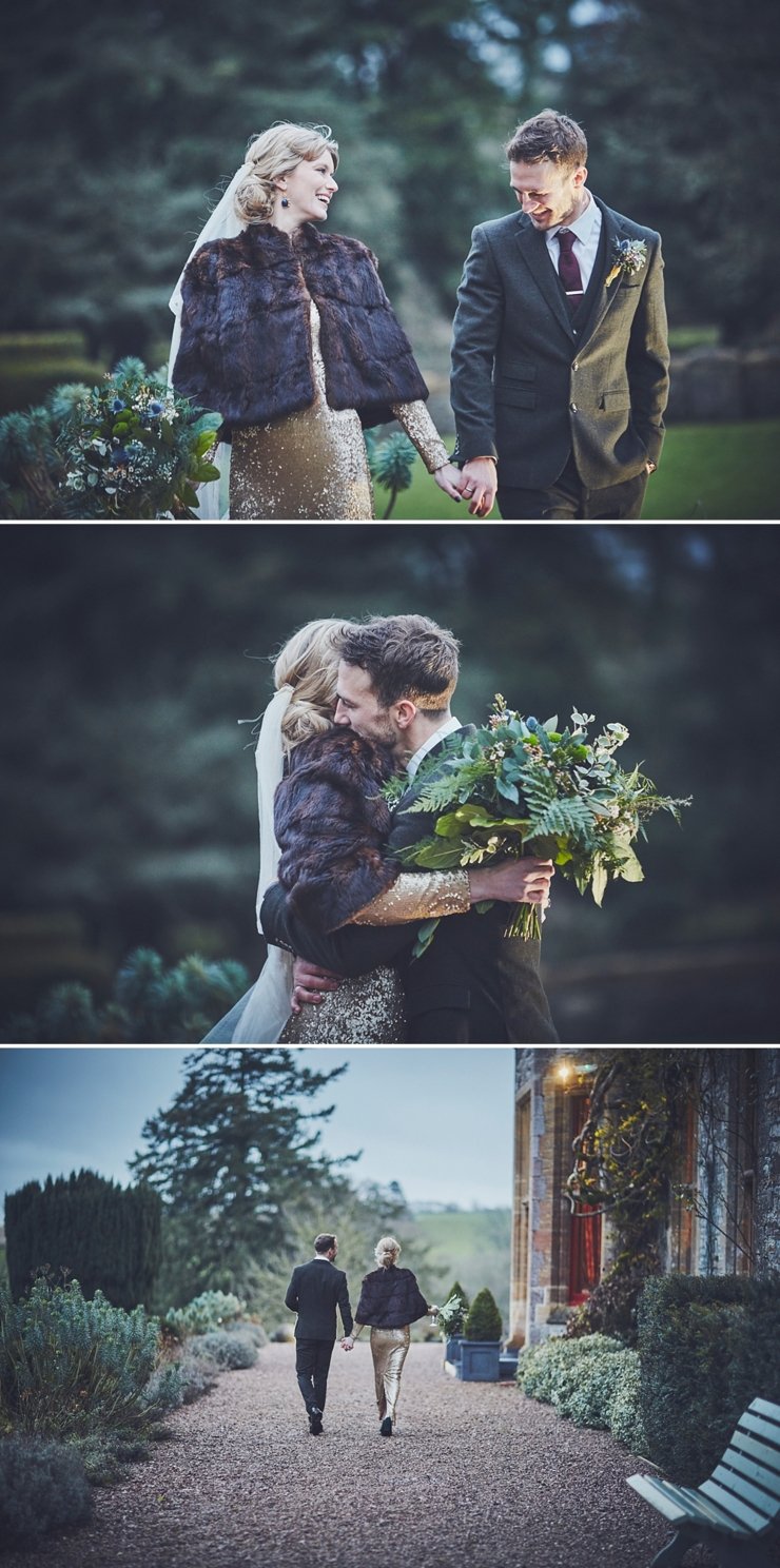 stylish bride and groom during relaxed portrait session at Huntsham Court Devon