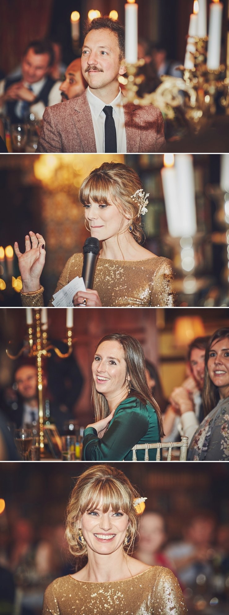 guests listen to brides speech at stylish winter wedding at huntsham court in Devon