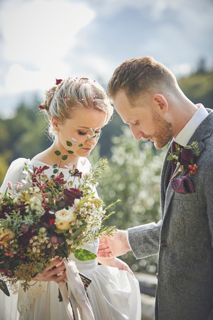 relaxed, beautiful contemporary wedding photography of bride and groom at their Autumn wedding at Hotel Endsleigh in Devon