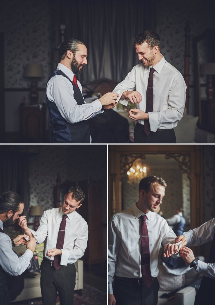 groom and ushers and best man getting ready at Huntsham Court wedding in Devon