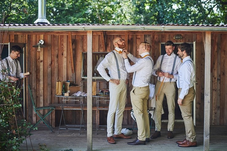Groom and ushers getting ready at eco wedding in Devon