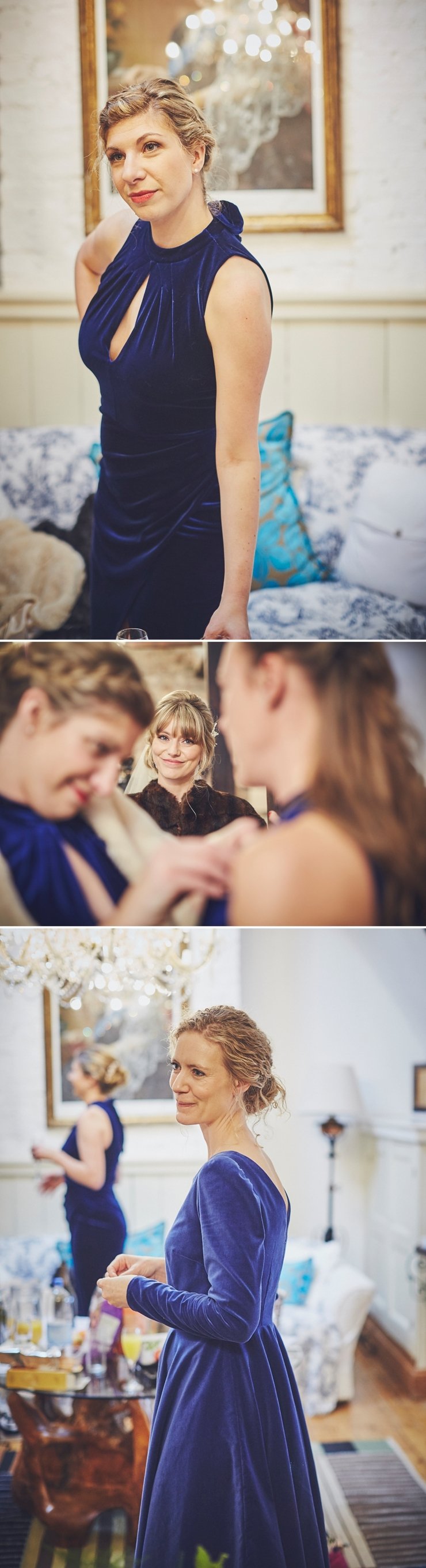 bridesmaid in royal blue velvet dress at Huntsham Court Devon