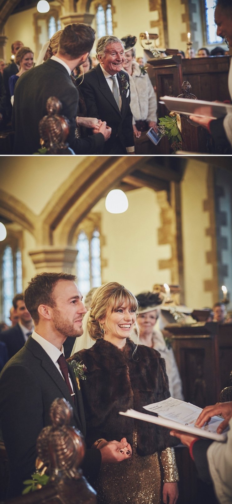 close up of bride and groom and brides father at altar of Huntsham Court chapel Devon