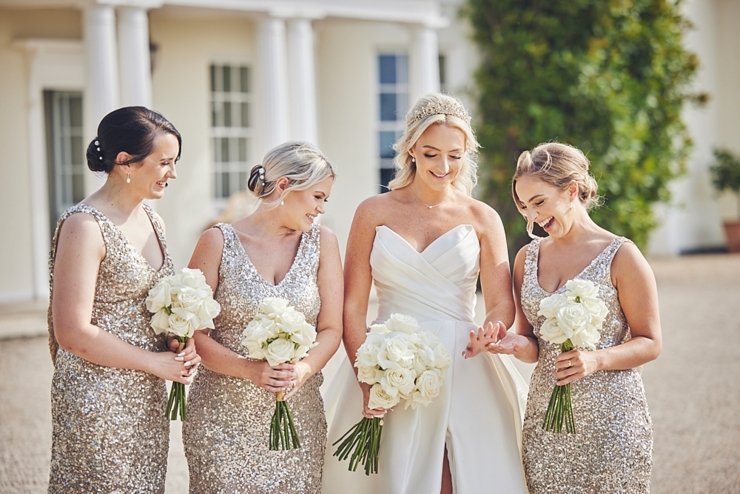 bridal party in gold sequinned dresses at Rockbeare Manor wedding Exeter