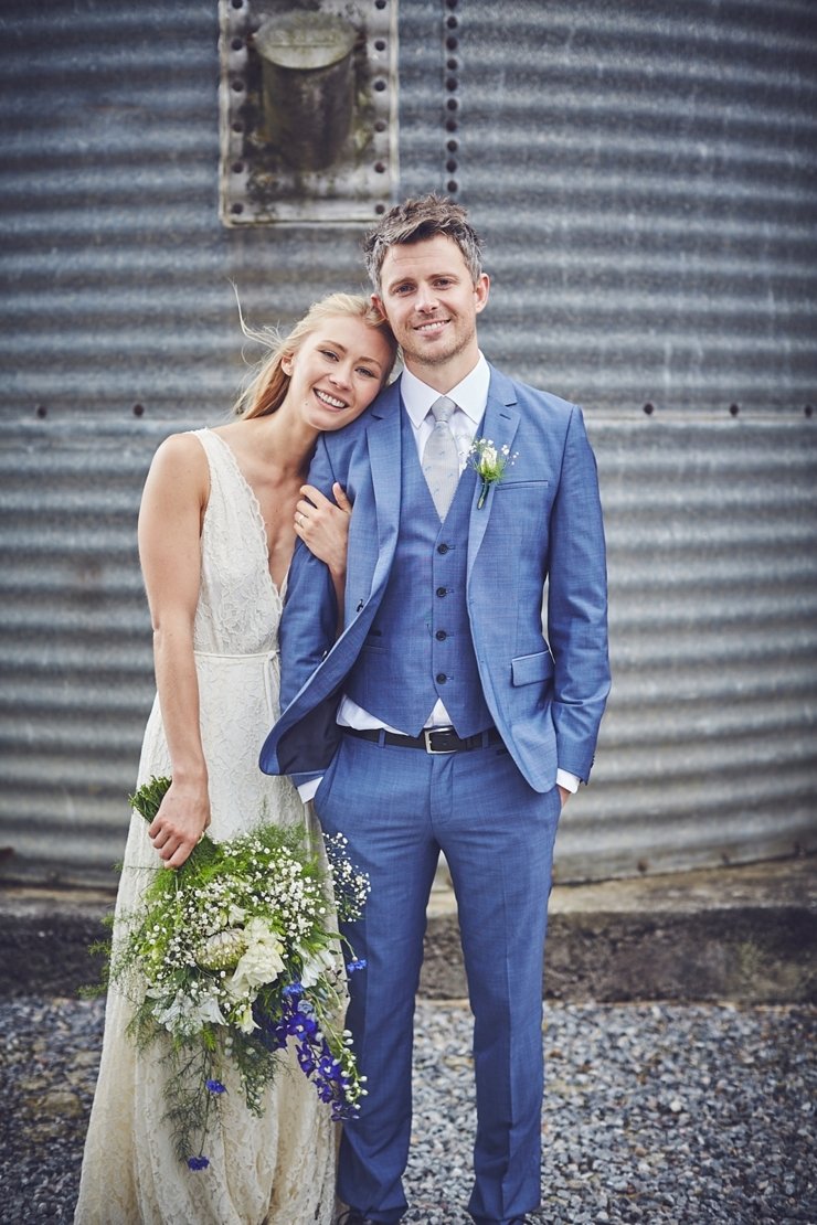 portrait of bride and groom at eco wedding at East Soar Farm in Devon