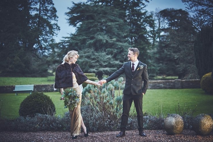 stylish bride and groom during relaxed portrait session at Huntsham Court Devon