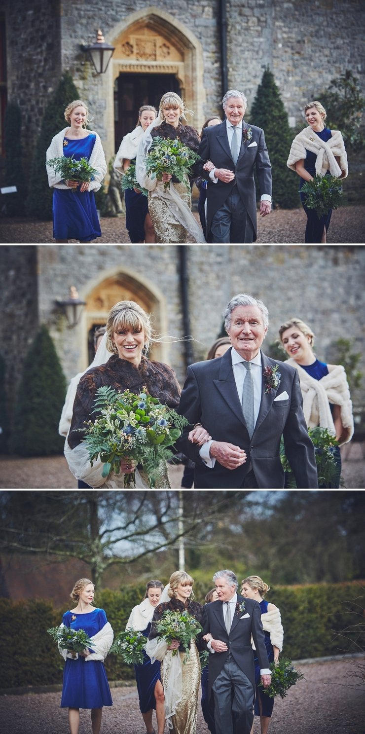 bride and groom and bridesmaids walk to the ceremony at Huntsham Court Devon