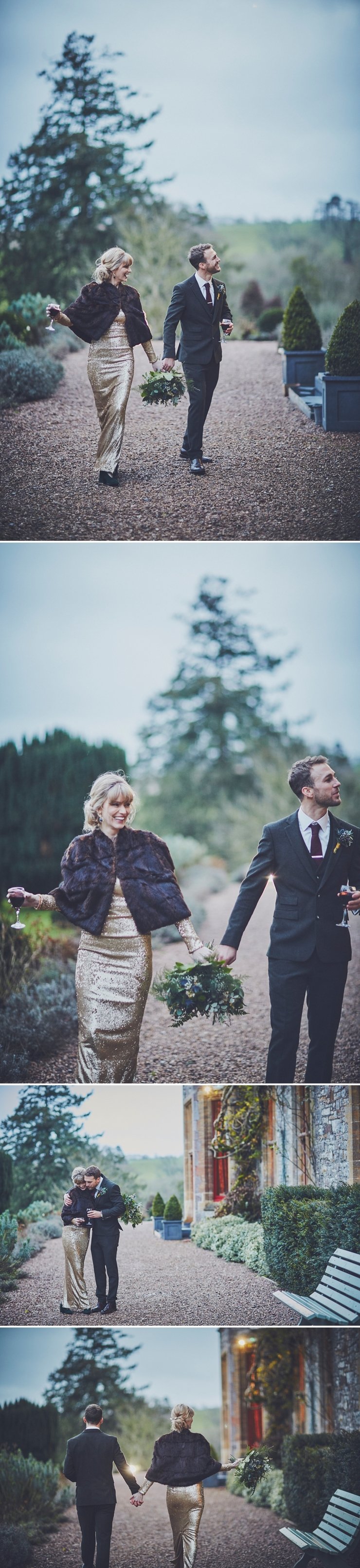 bride and groom walking with champagne laughing at Huntsham Court December wedding 