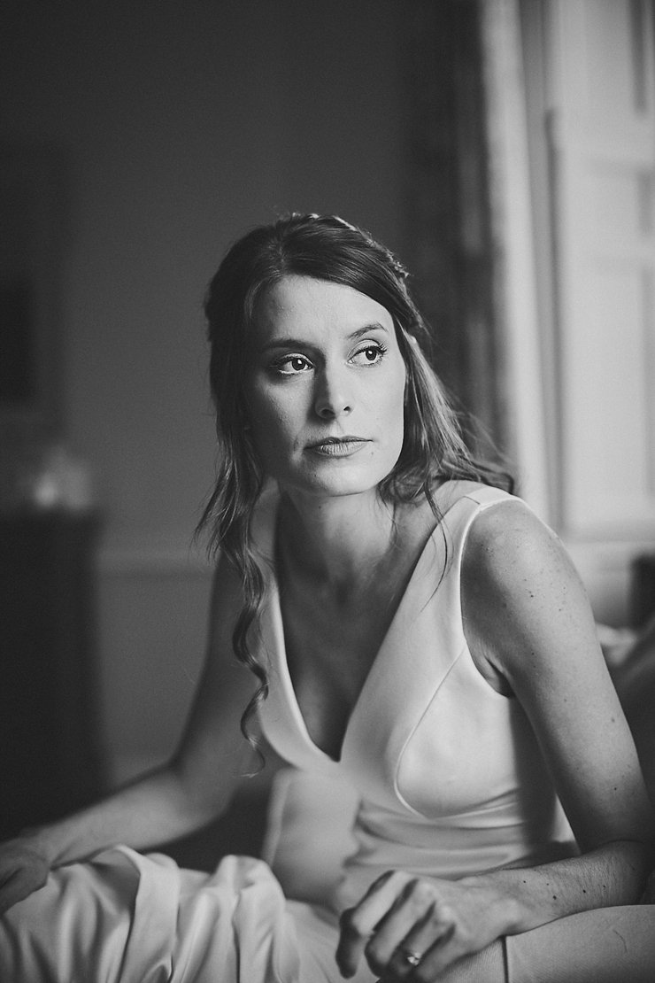 black and white portrait of the bride at a mini wedding at Rockbeare manor Devon